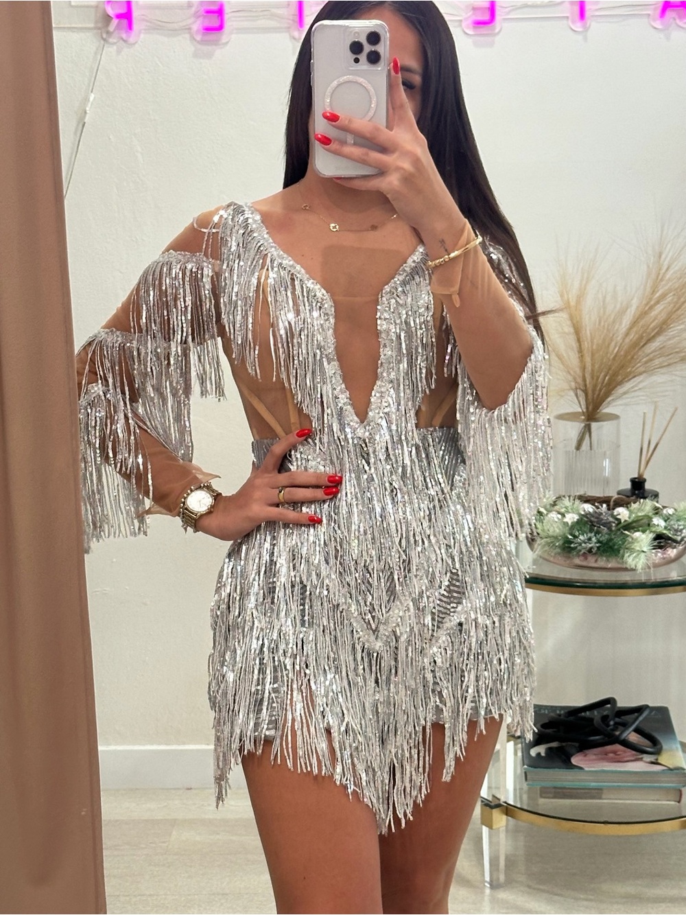 Designer Dress Alexandra Mattei Custom Silver Fringe Mini Dress